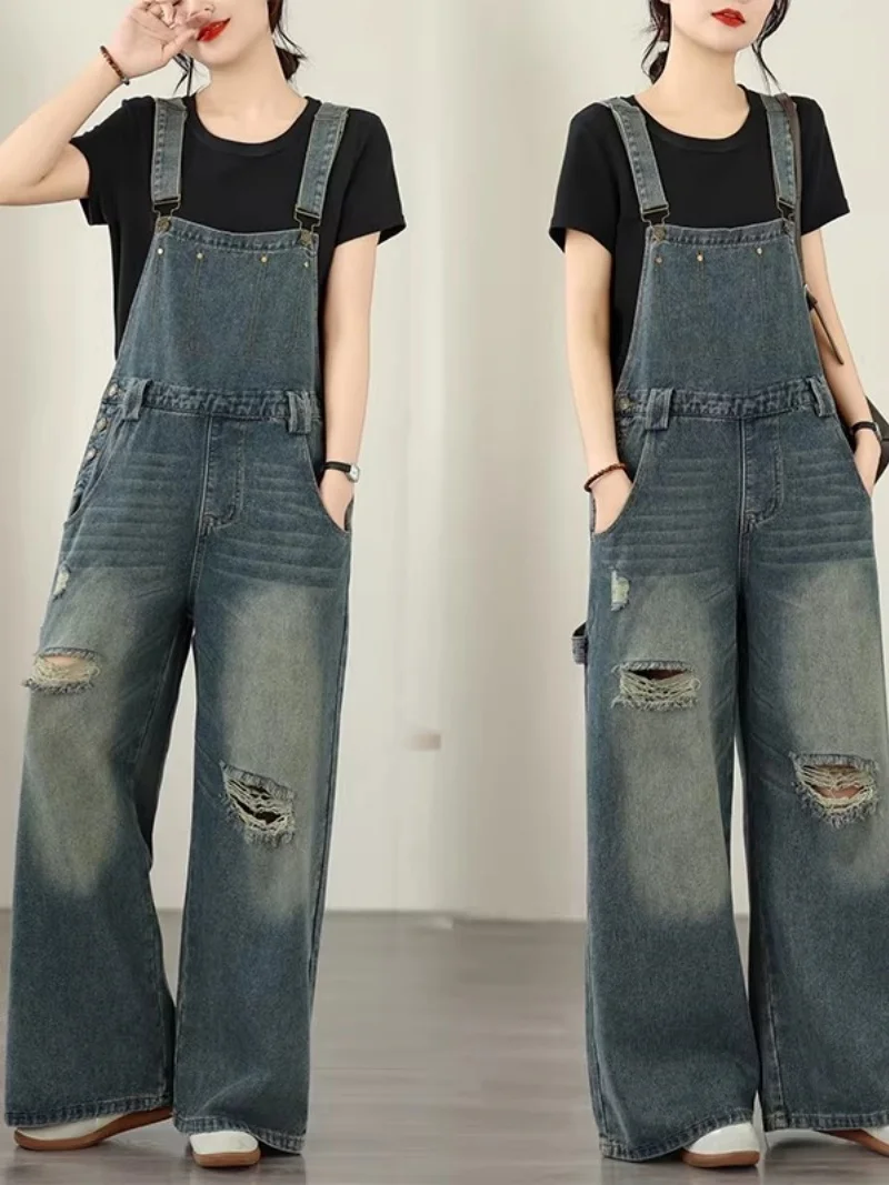 Women's Denim Jumpsuit 2026 Summer Loose Artistic Retro Ripped Jeans Overalls Streetwear Plus Size J380