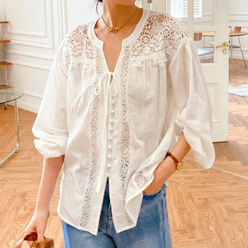 TEELYNN Cotton White Lace Blouses Shirt Women Vintage Top Oversize Lantern Long Sleeve Blouse Boho Beach Loose Ladies Blusas