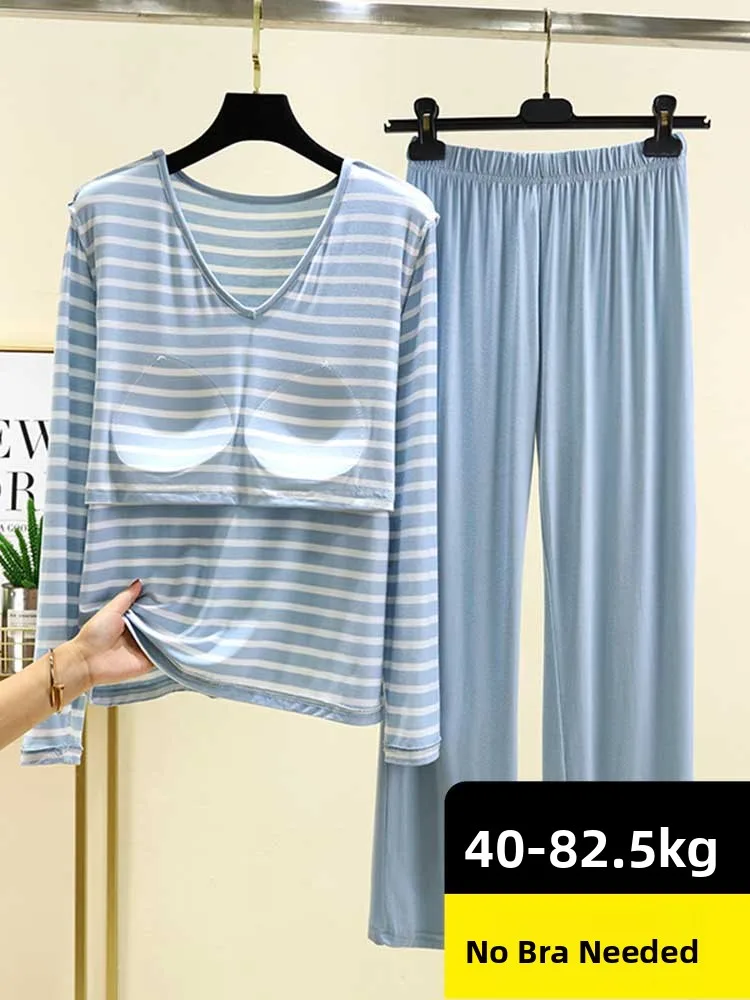 V-Neck Modal Sleepwear Set Striped Long Sleeve Home Clothes plus Size Slimming T-Shirt Casual Pants Women's Nightgown