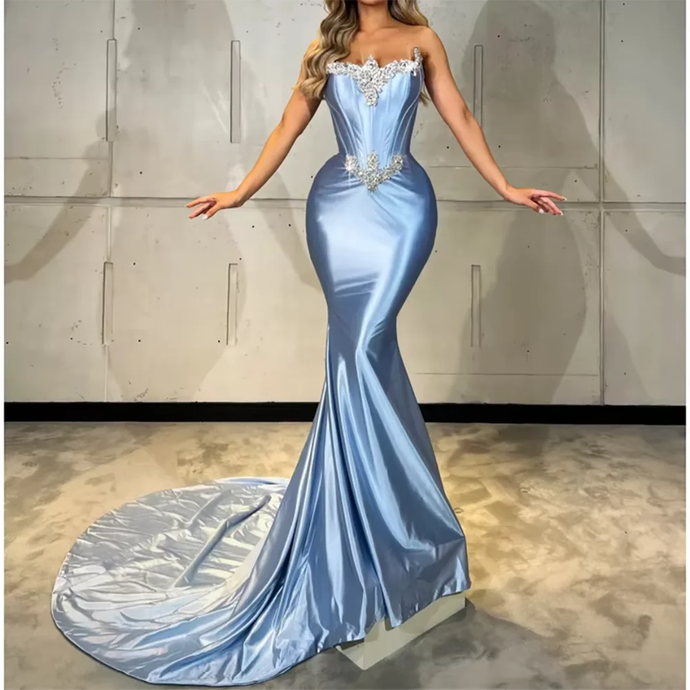 

Elegant Strapless Satin Beads Mermaid Formal Evening Dresses Party Prom Gowns Customized