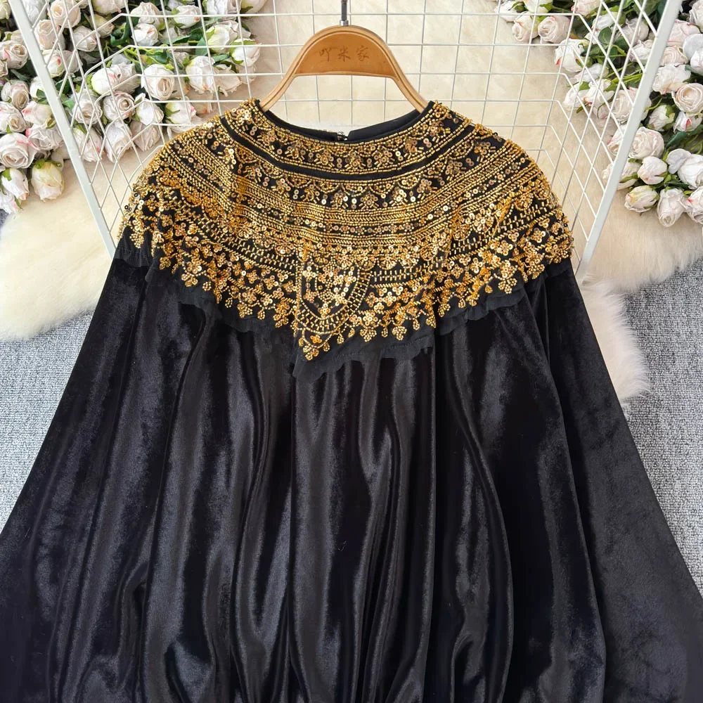 Basics O-neck Vintage Long Sleeve Elegant Chic Gold Sequins Loose Velvet Top French Streetwear High Street Autumn Winter Blouse