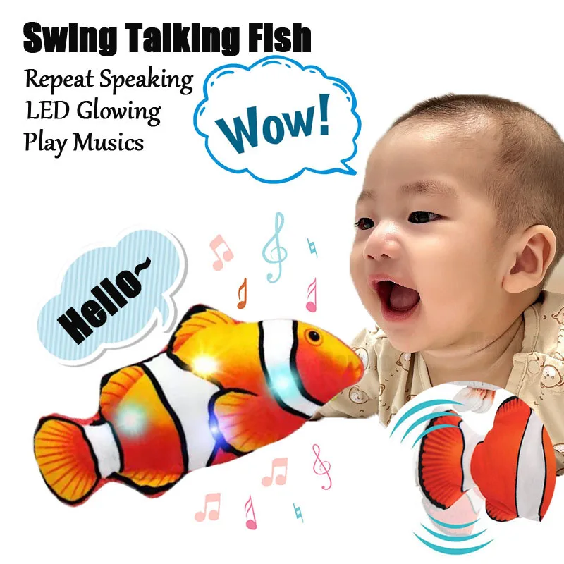 Simulação elétrica peixe brinquedo para bebê, falando repetido, luz LED, música feliz, para jogar, tocando, móvel, movendo