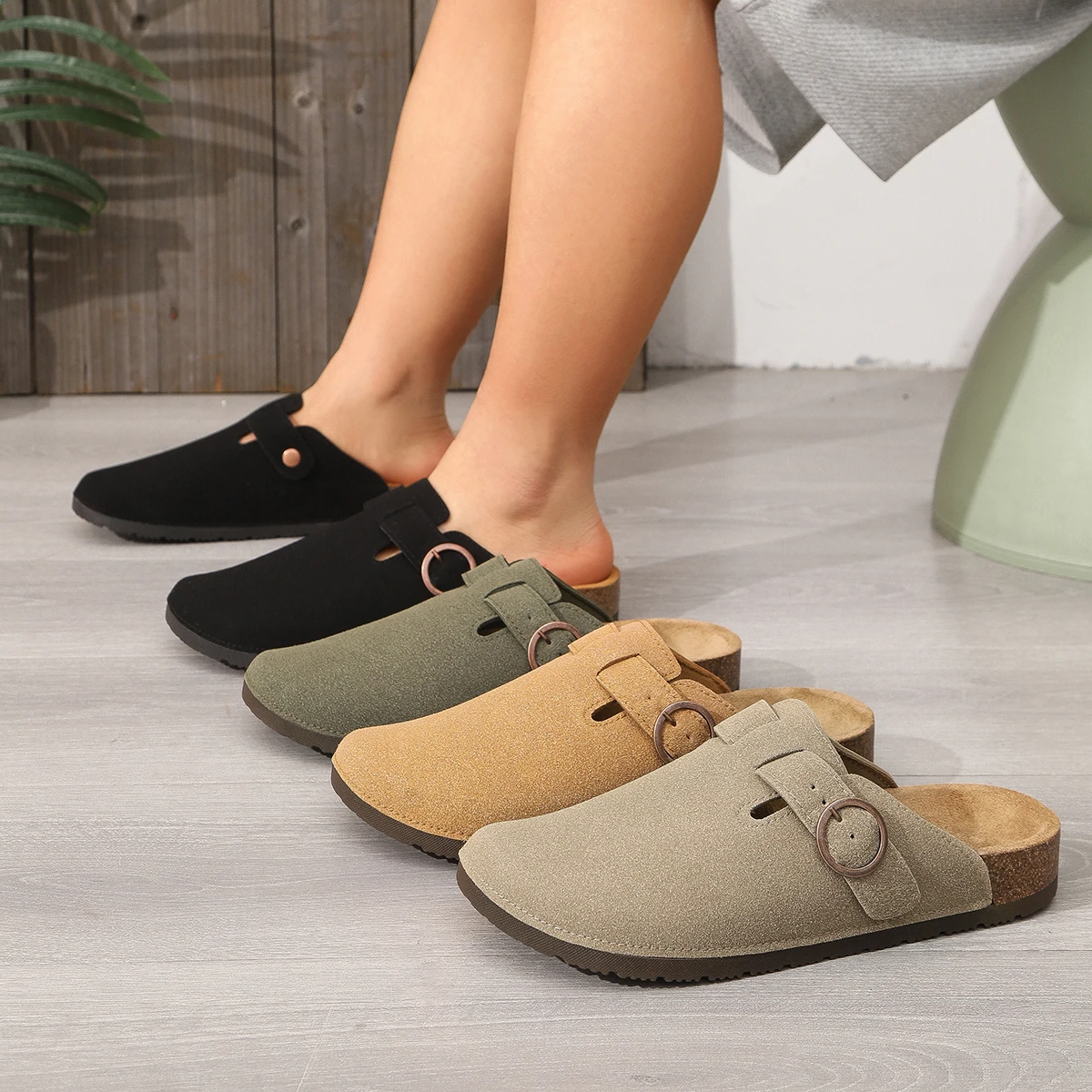 Zuecos Casuales para Hombre, con Hebilla Redonda Simple, Diseño de Corcho, Ajustables, Parte Superior de PU, Planos, Sin Cordones, para Playa, Aptos para Uso en Interiores y Exteriores