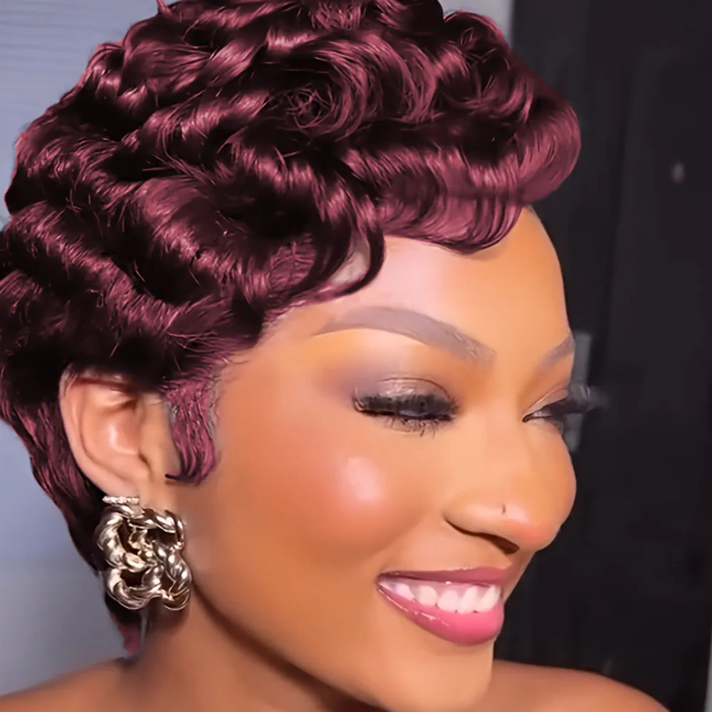 Kurze Pixie-Schnitt-Perücke, farbige Perücken, lockige Wellen-Perücke, 13 x 4, transparente Spitze-Frontal-Echthaar-Perücken, Remy-Haar, Lace-Front-Perücken