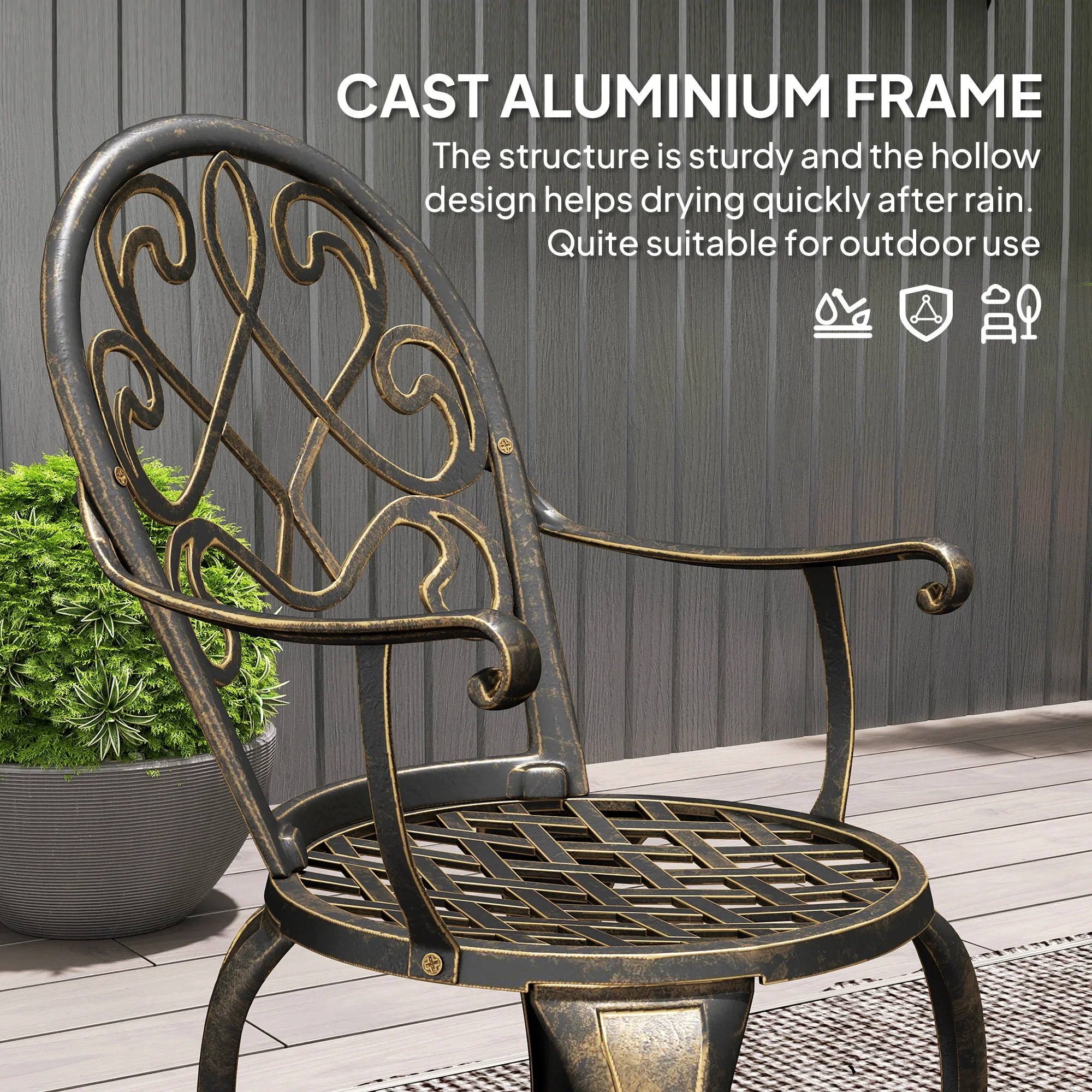 Outsunny 3 Piece Patio Bistro Set for 2, Outdoor Aluminium Garden Table and Chairs, Bronze Tone