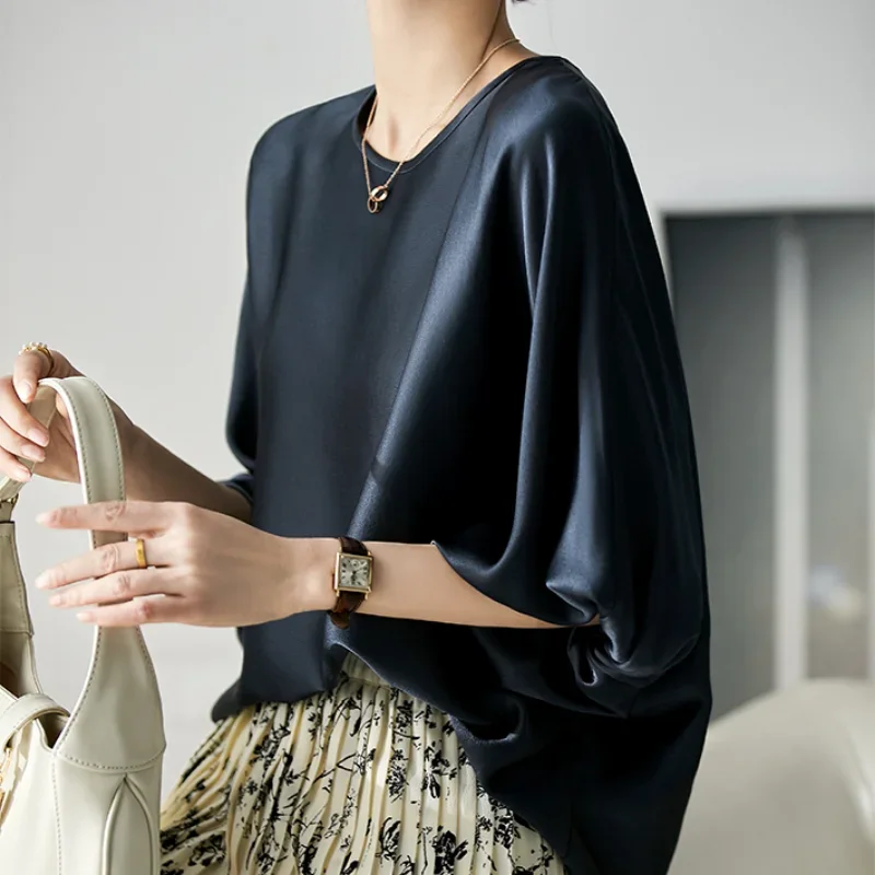 Office Lady Solid Color Tops Korean Fashion O-Neck Shirt Elegant Summer Batwing Sleeve Silk Satin Shirt Loose Clothes 27195