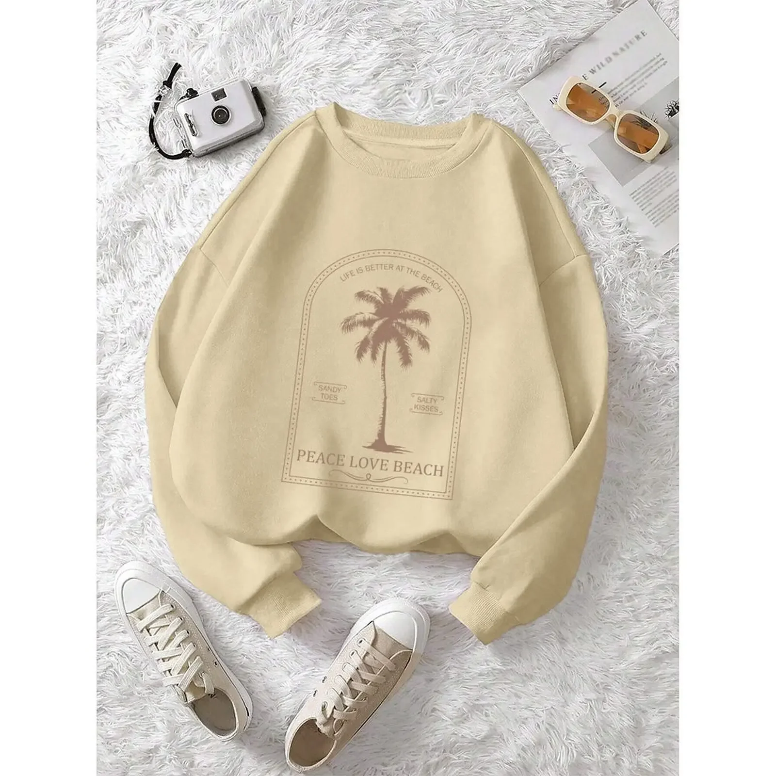 سترة نسائية برقبة دائرية سترة شتوية مخملية غير رسمية بأكمام طويلة مطبوعة برسومات النخيل وأكمام طويلة بلوفرات شتوية ملابس نسائية 2025