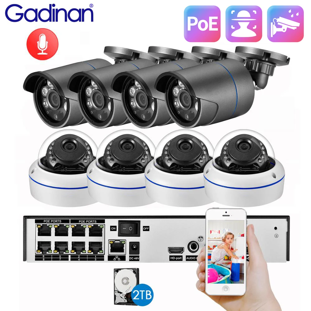 Gadinan 4MP POE IP Camera Kit Motion Detection 8CH NVR Security Camera 3.6mm Face Detection Outdoor Video Surveillance Set XMEye