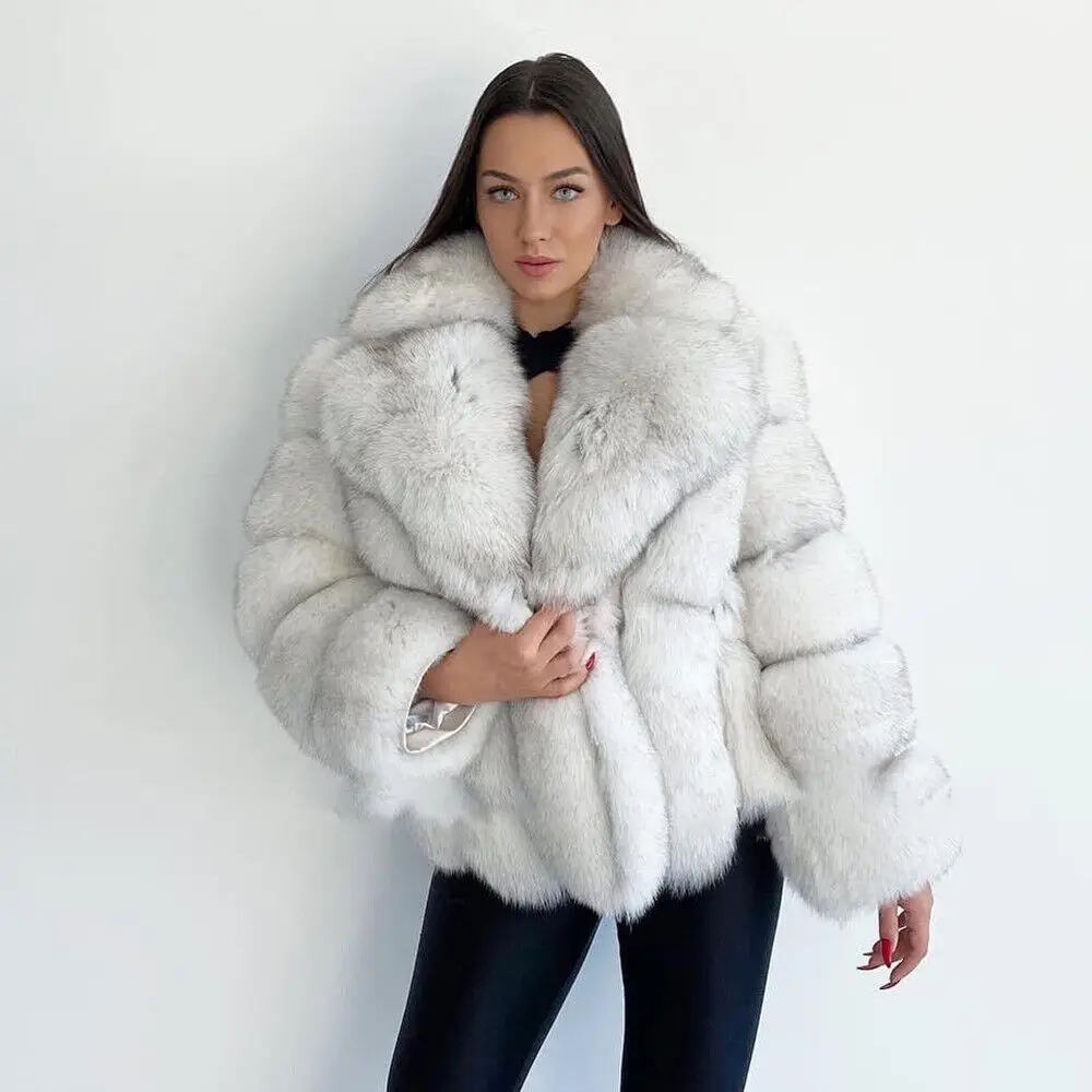 Natural White Fox Fur Jacket Women Winter Warm Fashion Outertwear Long Sleeve Lapel Thicken Real Fur Coat Lady