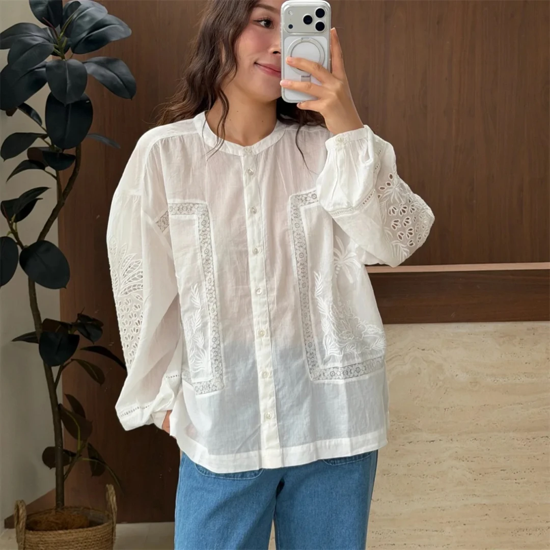 

Elegant Island Style! Buy Hand Store Embroidered Loose White Shirt Spring 2026 Cotton Long Sleeve round Neck Women's Shirt