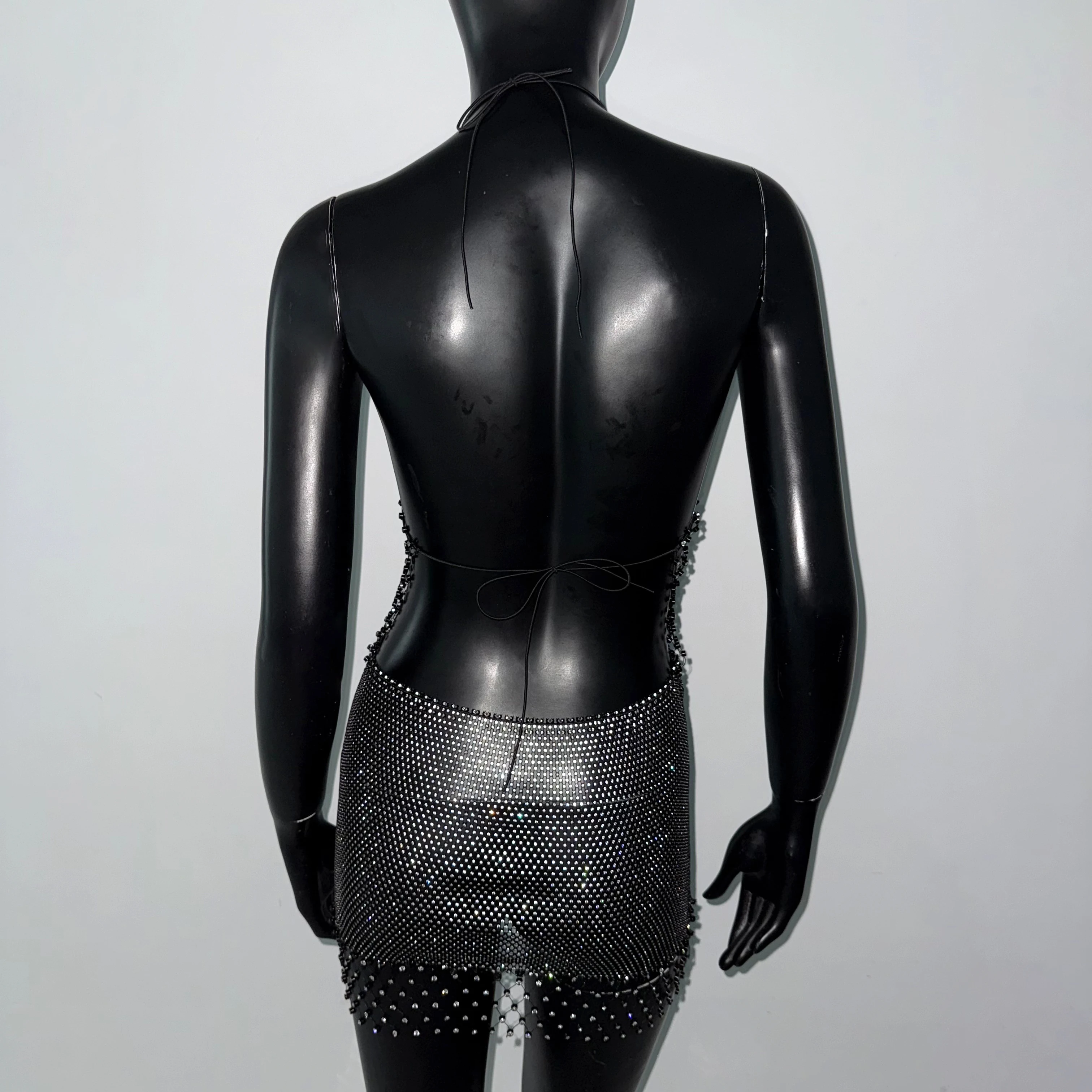 فستان نسائي فاخر عميق بياقة على شكل V فستان قصير مثير بدون ظهر مجوف شفاف من خلال شبكة حجر الراين فستان لامع للنوادي الليلية فساتين سهرة للحفلات #6