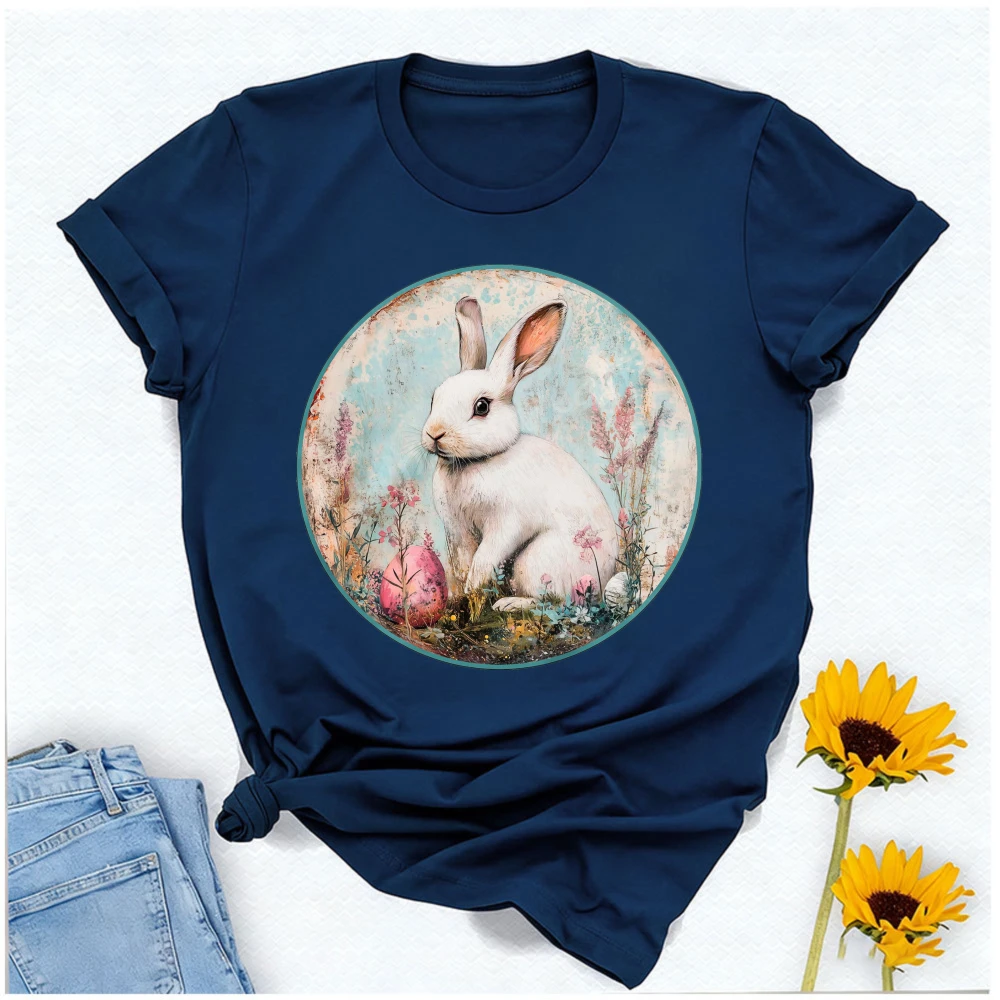 Vintage Watercolor Easter Bunny T-Shirt White Rabbit with Pink Egg Wildflower Graphic Rustic Aesthetic Festive Casual T-Shirt