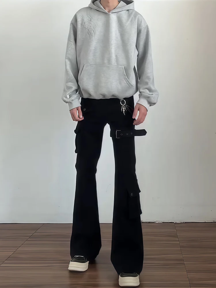 

Black American High Street Workwear Pants Men's Autumn Winter Style Slim Straight Tube Jeans Belted Utility Trousers