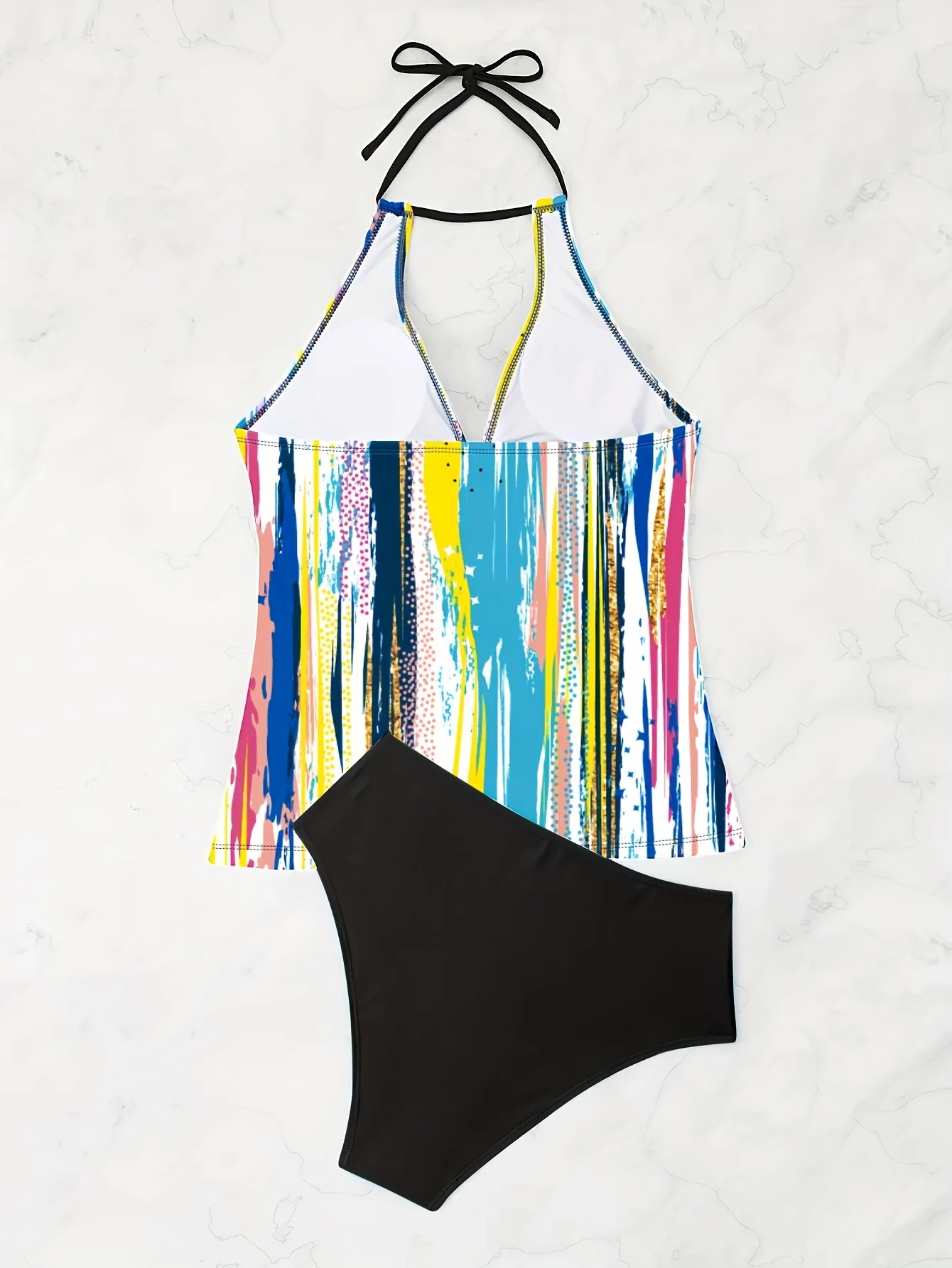 Женский комплект танкини большого размера, цветной полосатый принт, шея, комплект из двух предметов