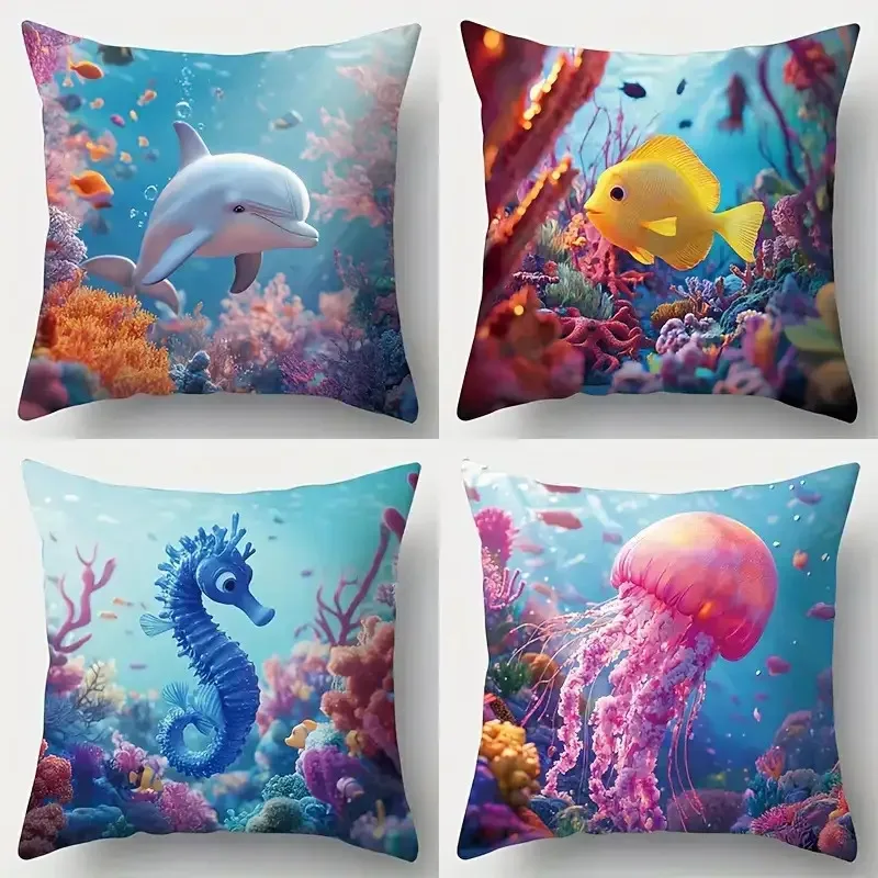 Marine Life Pillow Covers, Dolphin Seahorse Jellyfish Decorative Throw Pillow Cases, Coastal Beach Home Decor for Sofa Bed