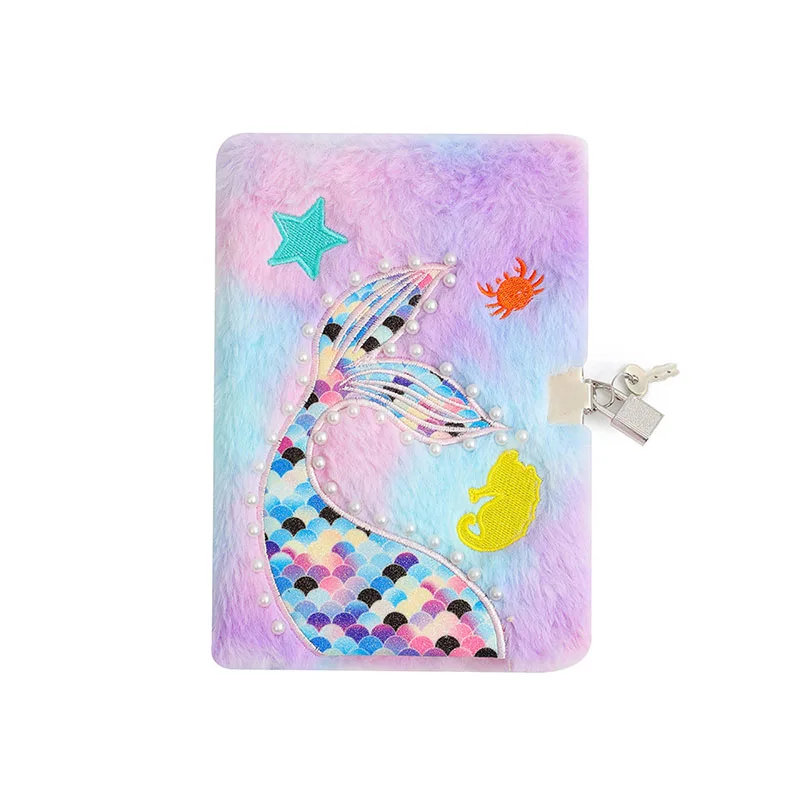 Kawaii Girls' Notebook Children's Mermaid Tail Plush Notebook with Lock and Key Sketching Book Planning Organizer Student Gift