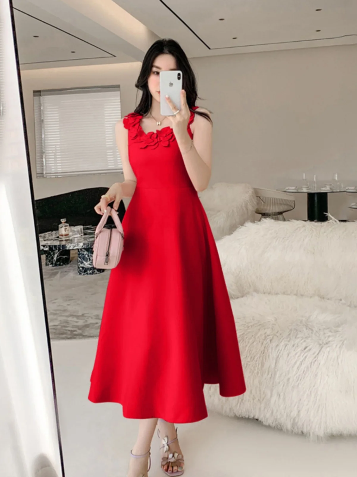 Red Mature Style Suspender Dress With Three-dimensional Flower Large Swing A-line Skirt Long Skirt Floral Neckline Long Dress