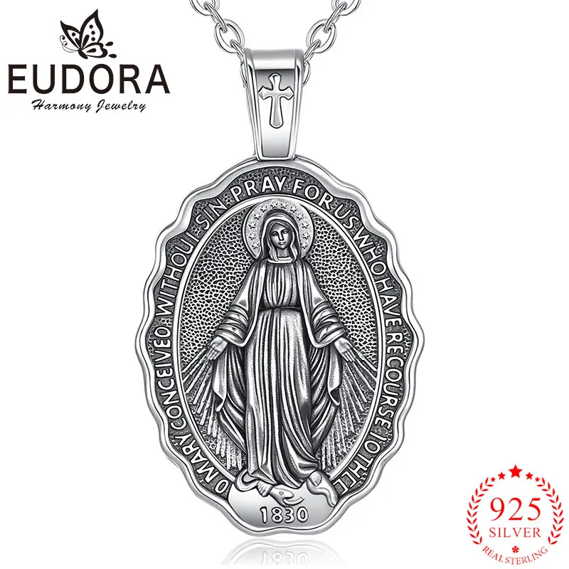 

Eudora New Virgin Mary Necklace 925 Sterling Silver Sacred Heart Cross Medal Pendant Religion Jewelry Fine Gift for Woman Men