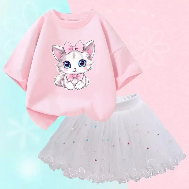 Cute Summer Girls outfit Cartoon Cat t-shirt e Tutu gonna 2 pz/set Girl Princess Clothes Suit abbigliamento per il compleanno dei bambini