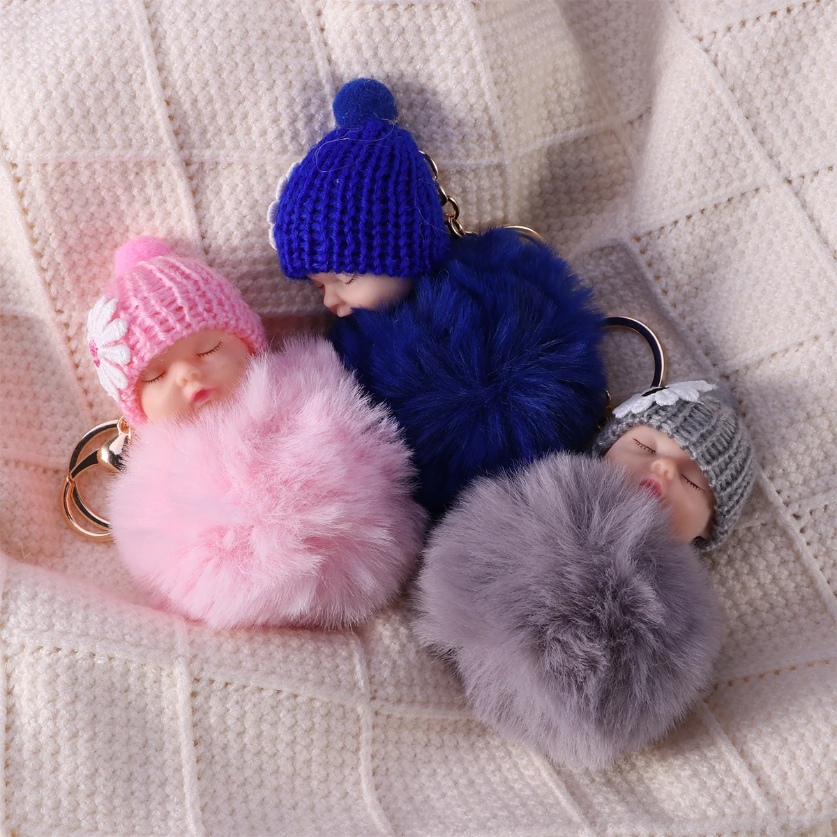 

Sleep Baby Ball Pompom Keychain Light Grey Stylish Key Ring Charm for Handbag Car Phone Wallet Pendant Ideal Gift for Women