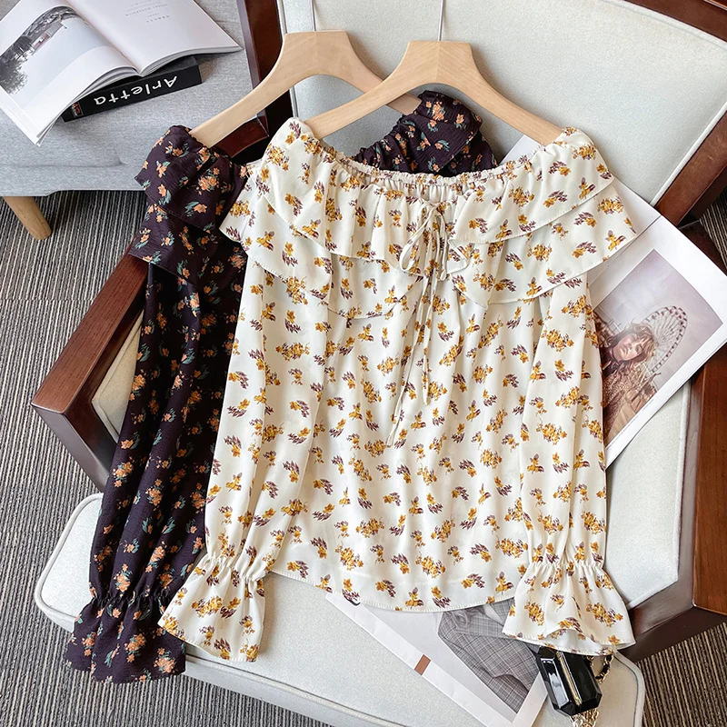 2023 Spring L-4XL Large Size Sweet Blouses Women Fashionable Flowers Print Off Shoulder Long Sleeve Shirts Lace Up Ruffles Tops