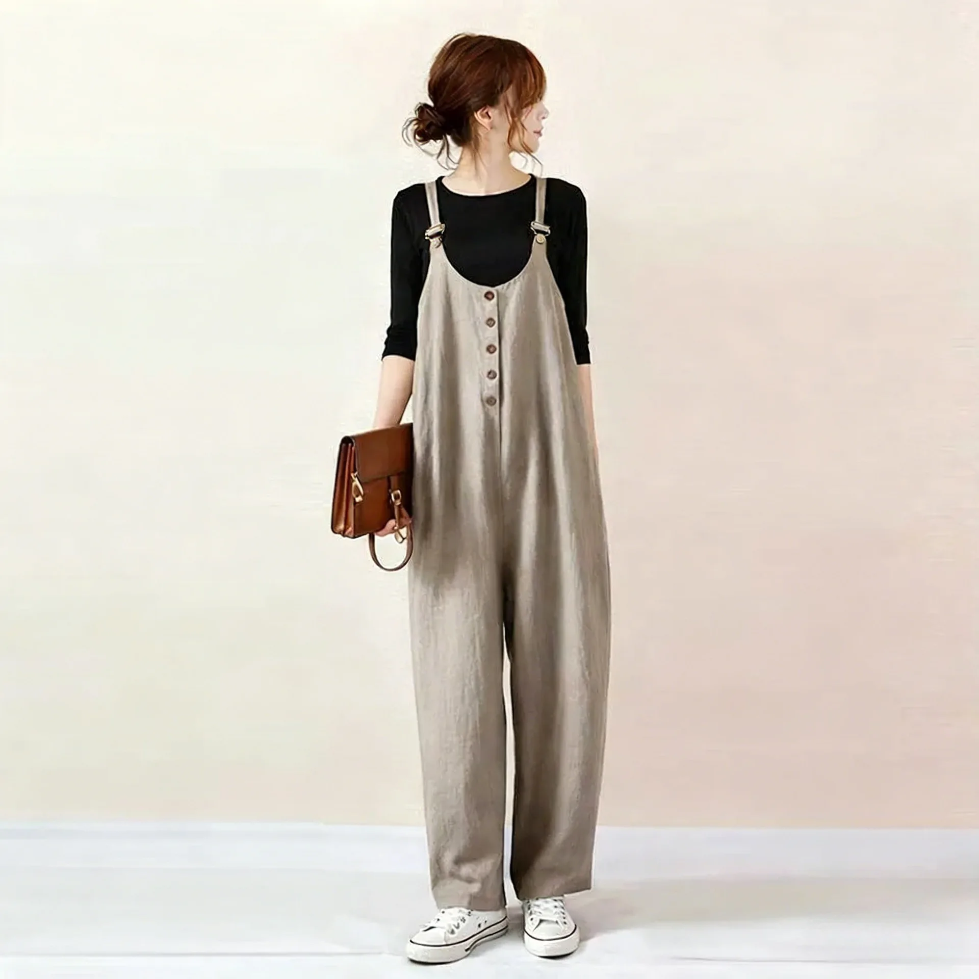 Japanese Style Loose Casual One-Piece Pants with Button Pocket Pure Color Straps High Waist Polyester And Cotton Blend Ladies...