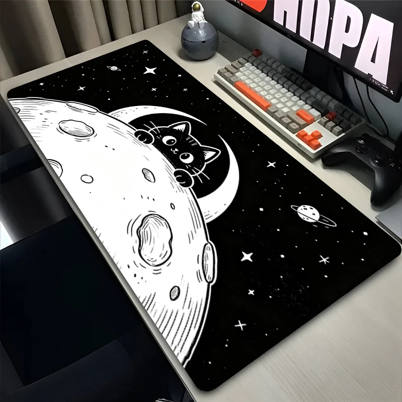 Moon Cat Mouse pads kawaii Computer Desk Mat Large Gamer Keyboard Pad Black and white Gaming
