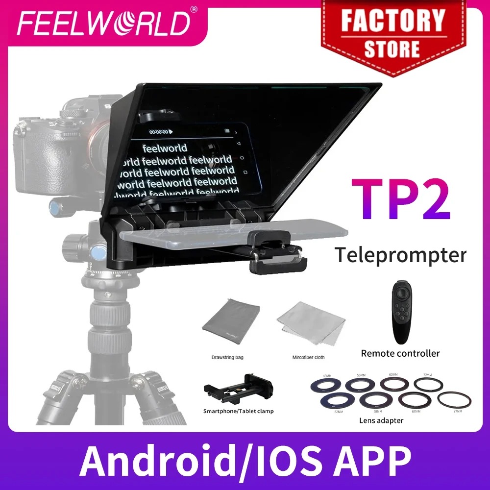 Feelworld TP2 Portable Mini Teleprompter for Phone DSLR Recording Live Broadcast Mobile Video Shooting with Remote Control