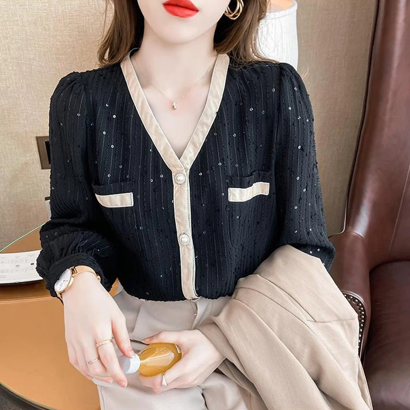 Women\'s Elegant Chic Sequins Pockets Contrast Color Sweet Party Shirts Fashion V Neck Loose Long Sleeve Blouse Top Female Blusas