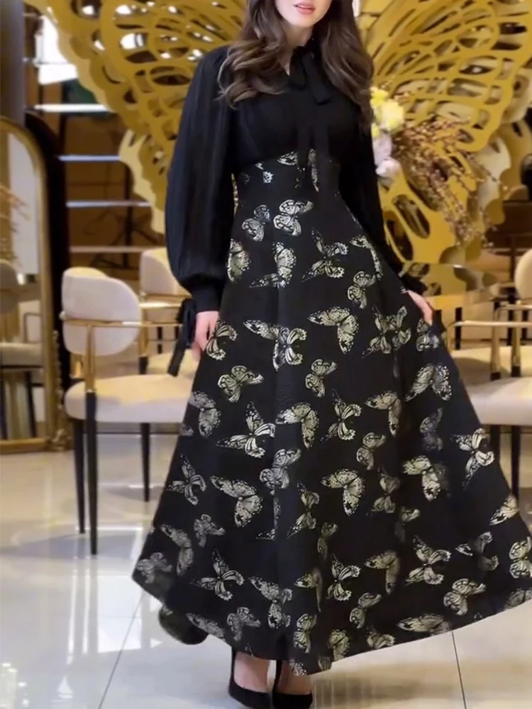 Vestido largo bohe ajustado informal de manga larga para mujer, vestido de fiesta drapeado con estampado de flores a la moda, vestido de vacaciones elegante con cordones y cuello en V