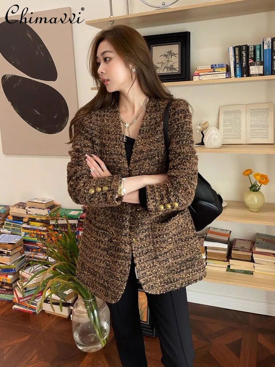 

High-end Gold Thread Woven Woolen Coat Women's Autumn and Winter New Heavy Fashion Loose Long-sleeved Elegant Women's Jacket Top