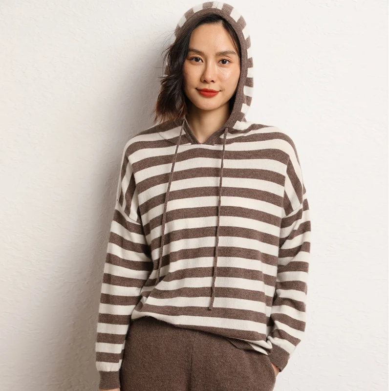 2023 Autumn Winter New 100% Pure Cashmere Sweater Women Hooded Pullovers Warm Tops Female Striped Loose Large Size Knit Jumper