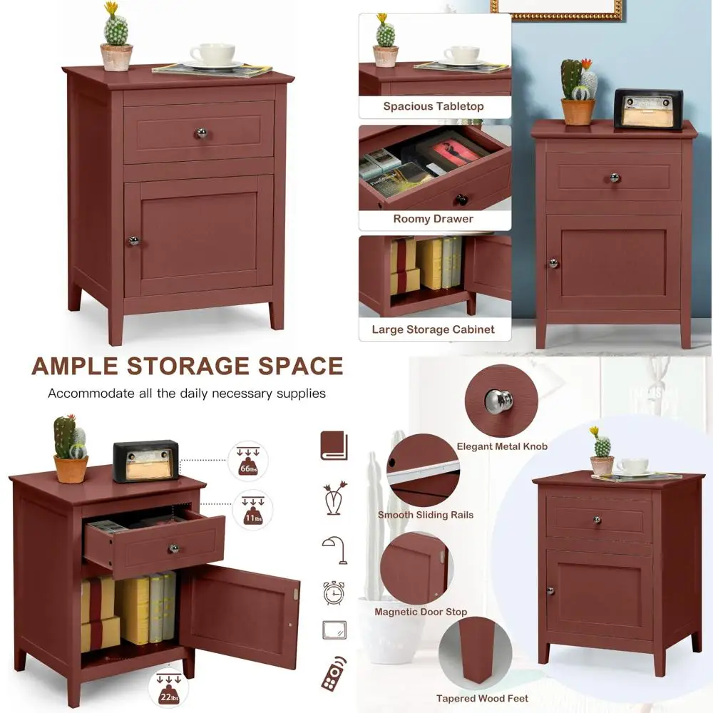 

Wooden Nightstand with Drawer and Storage, 4-Legged Bedside Table for Living Room and Bedroom