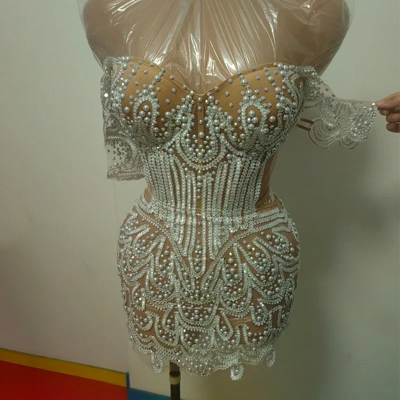 White Pearls  Dress See through Women Singer Festival Dresses Evening Dress Performance Outfit Stage Catwalk Wear