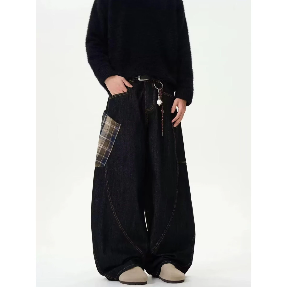 Black Straight Leg Spliced Deconstructed Knife  Jeans Men Women Hip Hop American BF Slimming Floor Length Wide Leg Pants