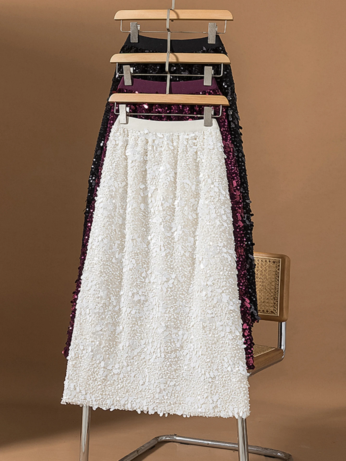 Shiny Sequin High Waist A-Line Long Skirt Women's Spring Autumn plus Size Beautiful Slimming Unique Korean Style Commute Soft...