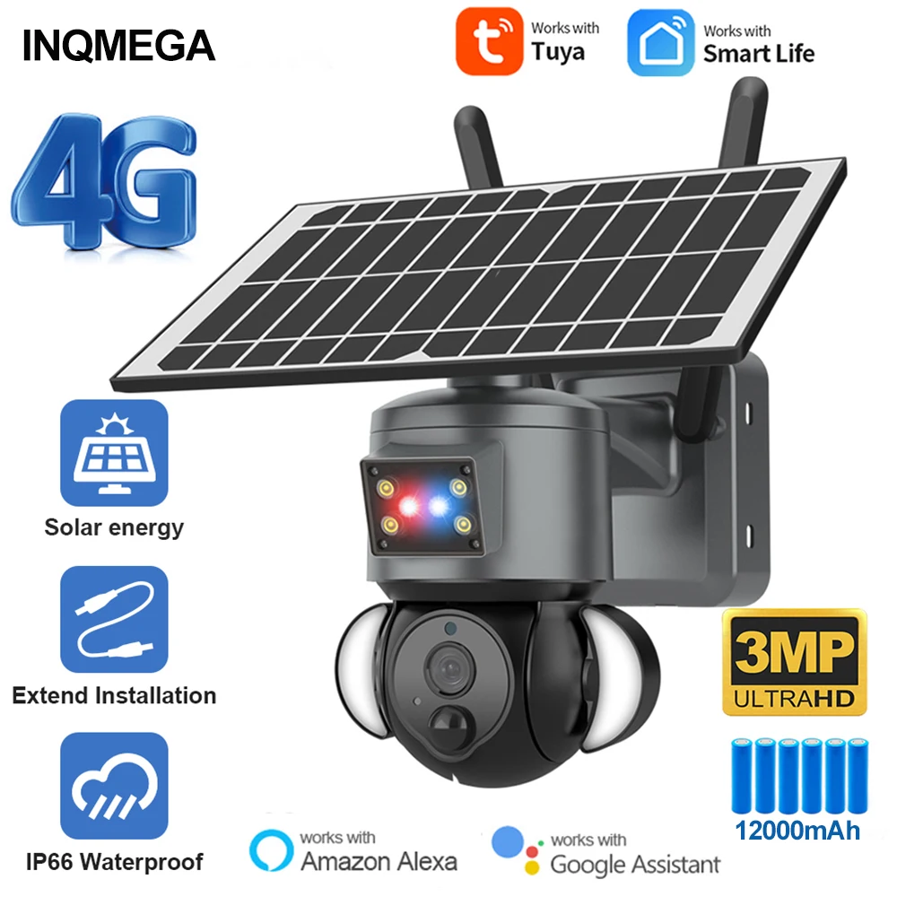 SHIWOJIA 3MP 4G Solar Security Cameras Tuya Smart WIFI Solar Powered Camera PIR Motion Sensor with Siren Color Night Vision Cam