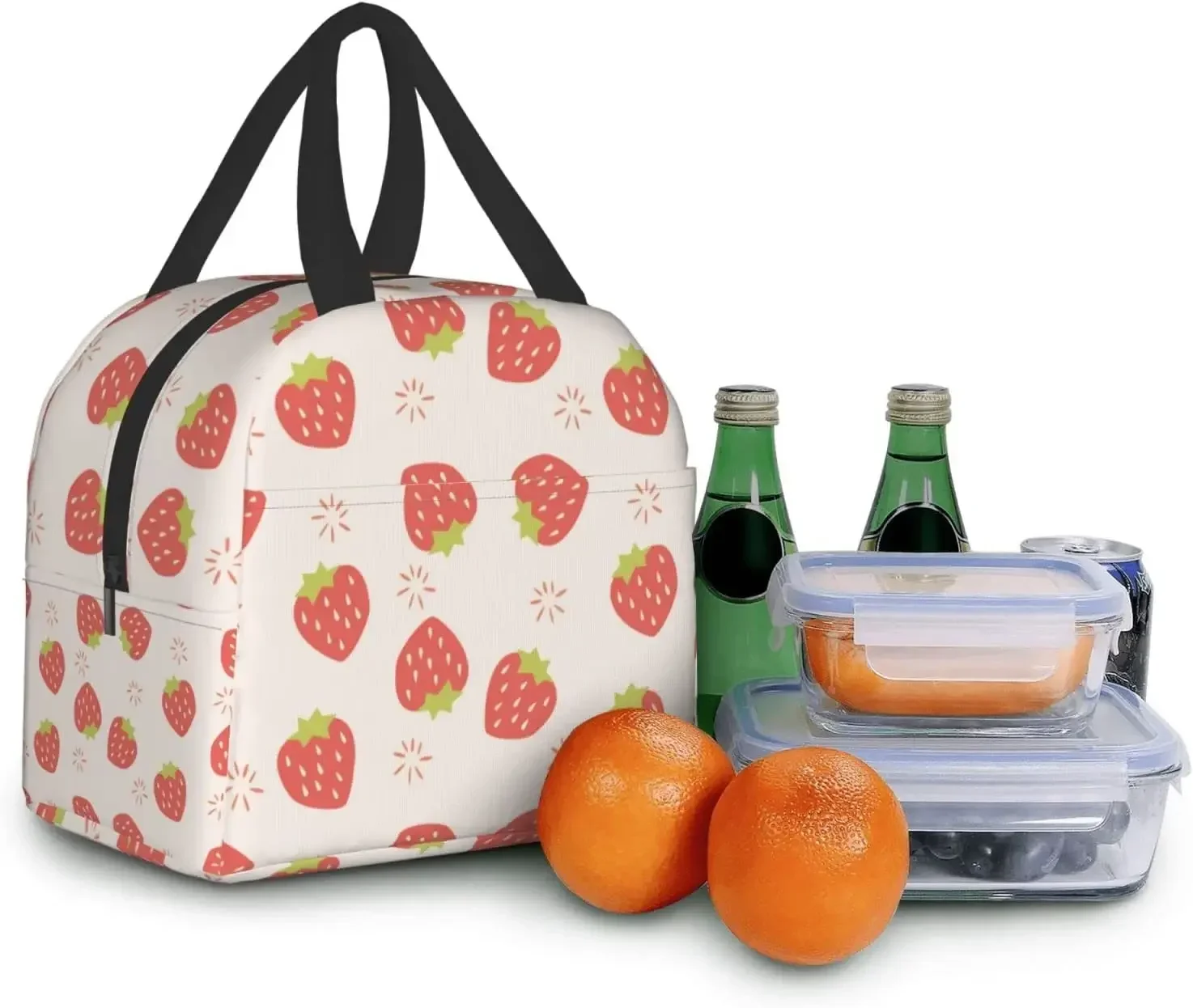 Cute Pink Strawberries Lunch Bag Reusable Lunch Box Work Bento Cooler Reusable Tote Picnic Boxes Insulated Container Bags