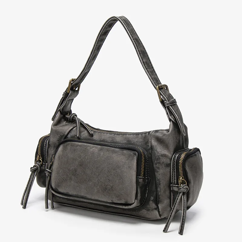 Women's Vintage Washed Leather Hobo Bag Retro Distressed Multi-Pocket Shoulder Handbag with Tassel Zipper Casual Crossbody Purse
