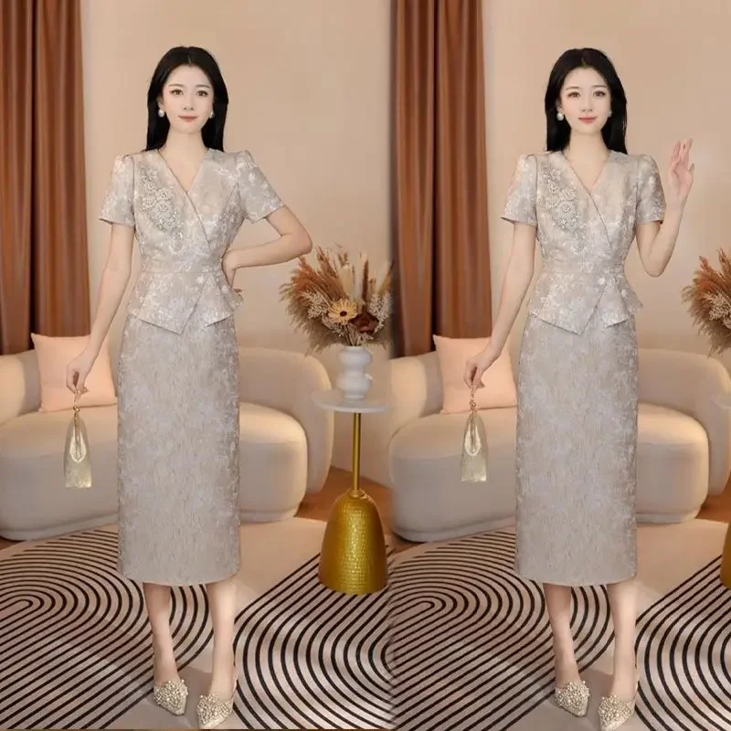 

New High End Summer Jacquard Two Piece Set Women Light Luxury Flower Puff Sleeve V-Neck Tops Blouse + Midi Skirt Elegant Suit