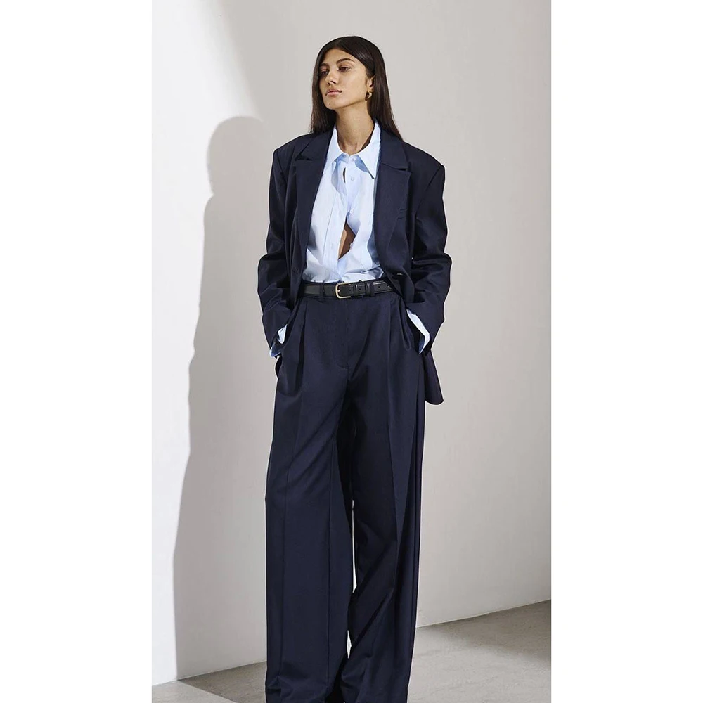 

Navy Blue Women's Minimalist Commute Suit Oversize Jacket Wide-Leg Pant 2 Piece Set Single-Breasted Peak Lapel Offce Casual