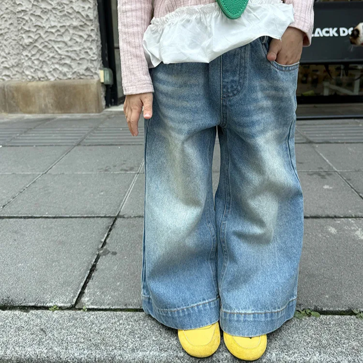 Children's Polished White Jeans Boys and Girls Old Denim Trousers Straight Pants 2025 Autumn New Floor Pants Casual
