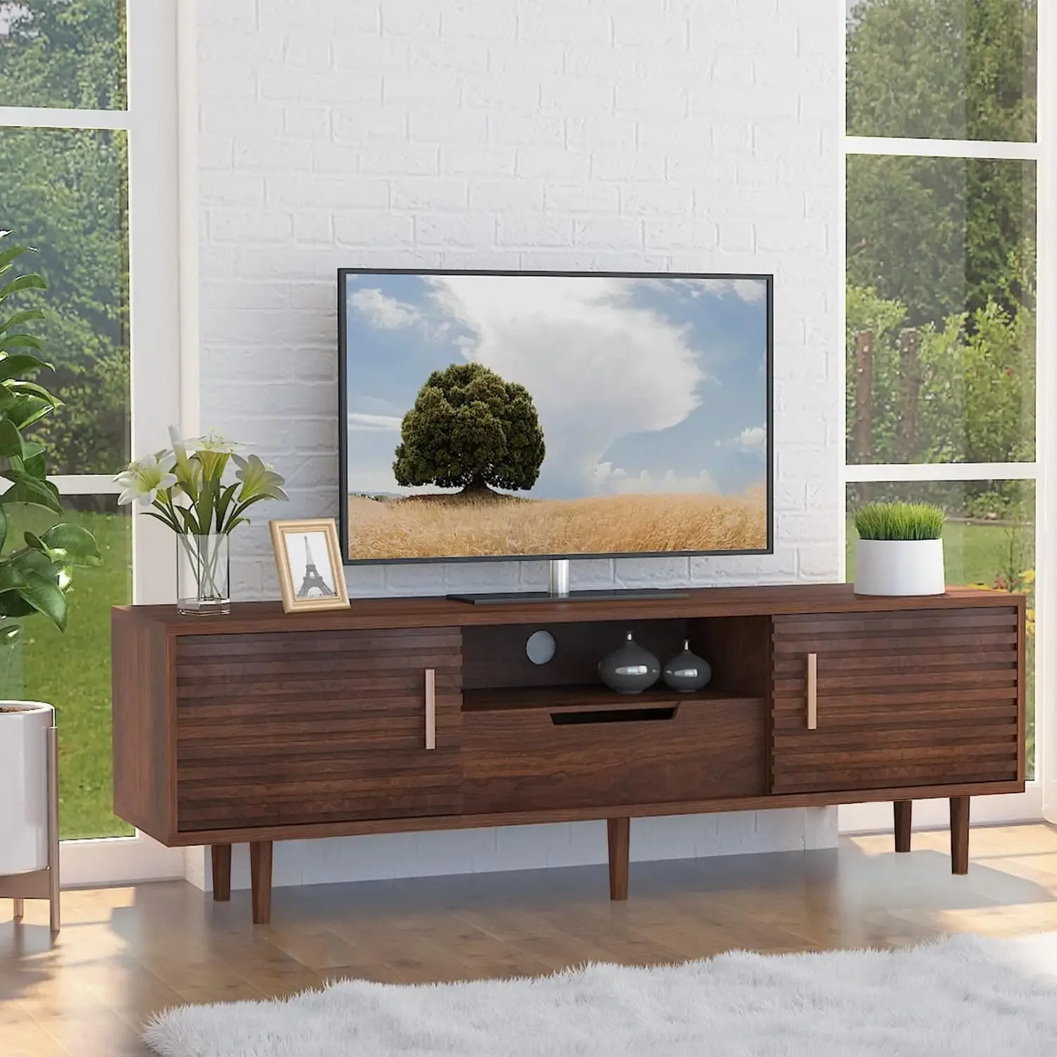 Mid-Century Modern TV Stand For 65 Inch TVs, Wood Entertainment Center TV Console Table With Storage Drawer And Open Sh|