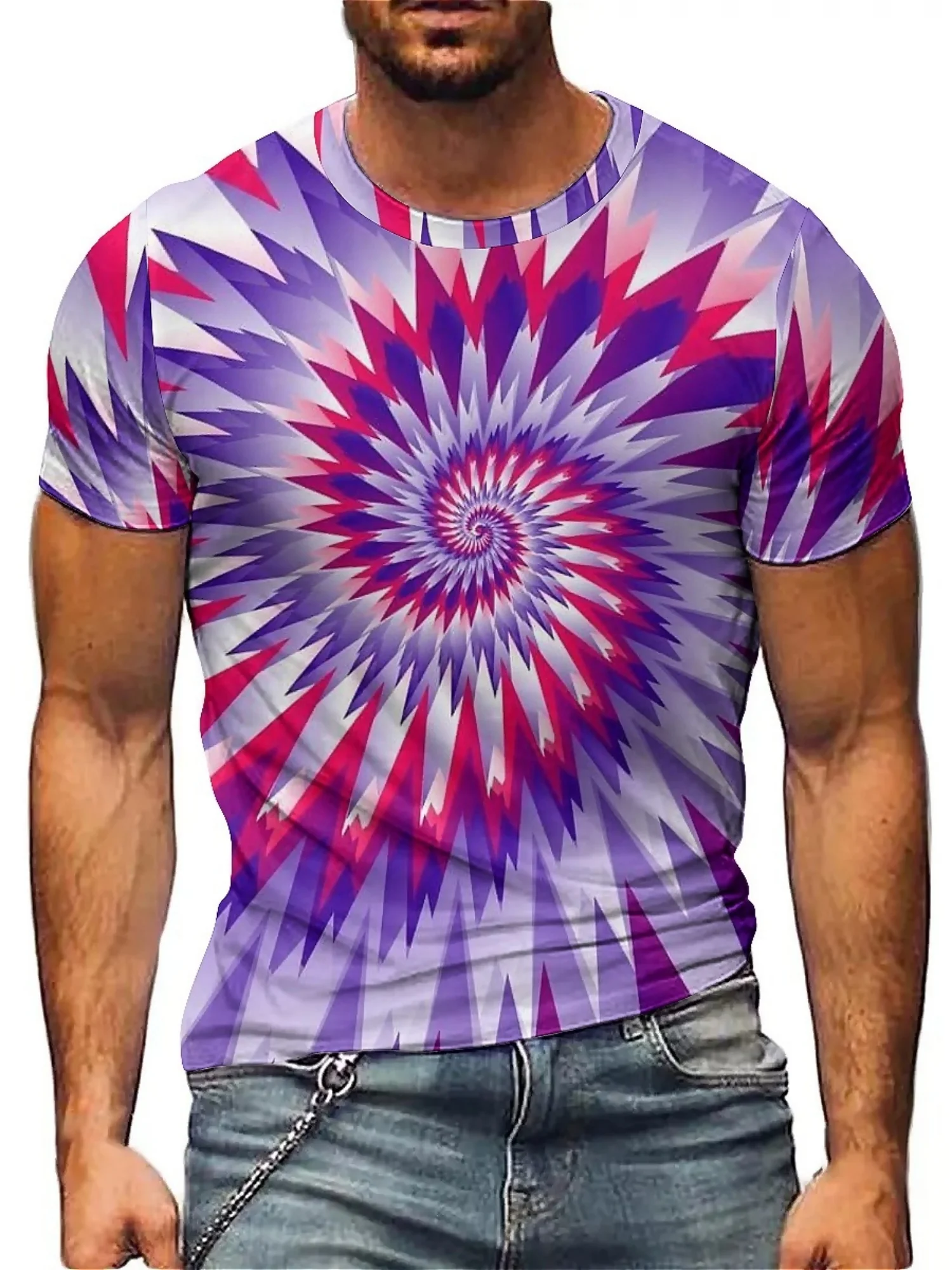 Men'S Vibrant Tie-Dye 3D Print Short Sleeve T-Shirt - Soft Polyester, Comfortable & Breathable, Geometric Star Pattern
