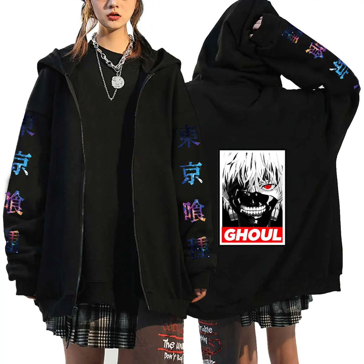 Japanese Anime Tokyo Ghoul Graphic Hoodies Men Cool Manga Kaneki Ken Zip Up Jacktes Coats Casual 90s Hip Hop Hoodies Coats Male