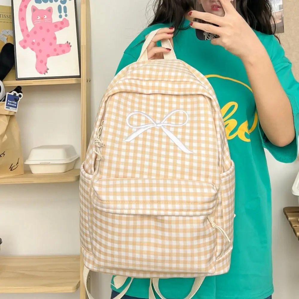 

Fashion Nylon Student School Bag Large Capacity Bow Casual Shoulder Backpack Solid Color Lattice Korean Style School Bag
