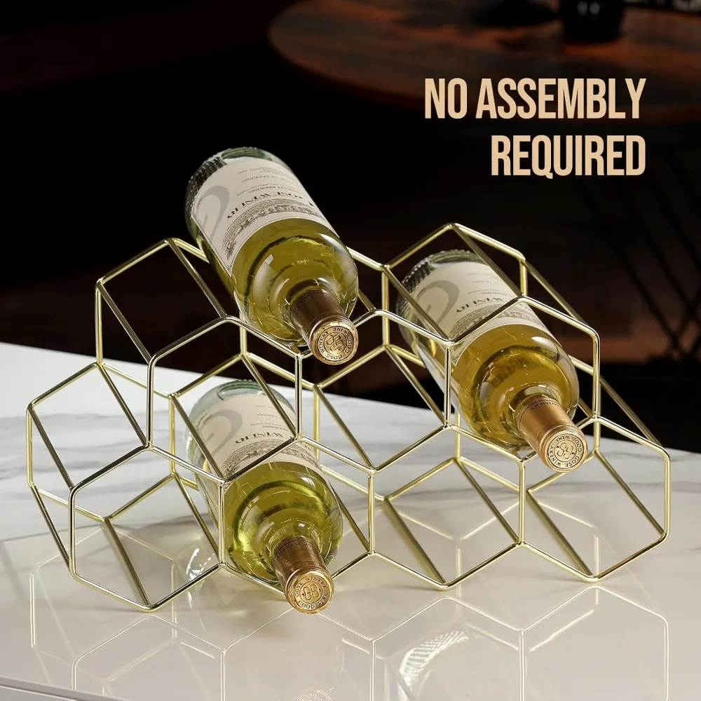 countertop wine rack - 9 bottle freestanding modern gold metal small - 2 tier tabletop wine holder stand for cabinet, pantry - w