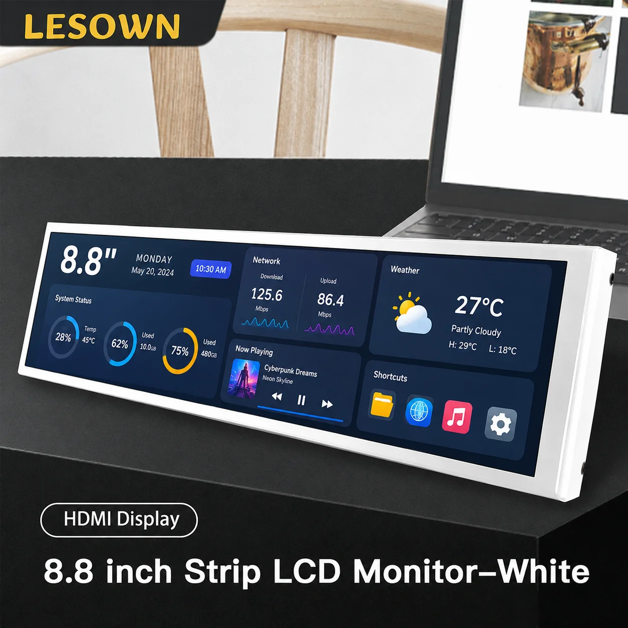 LESOWN Pure White 8.8 Inch Driverless External Monitor Vertical Sub-screen 1920x480 MiniHDTV 60Hz