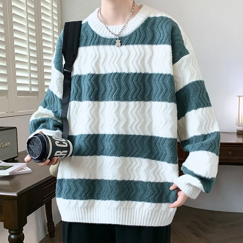 

Модный свободный полосатый вязаный свитер для мальчиков, осень-зима, модный молодежный длинный свитер из полиэфирного волокна, круглый, теплый