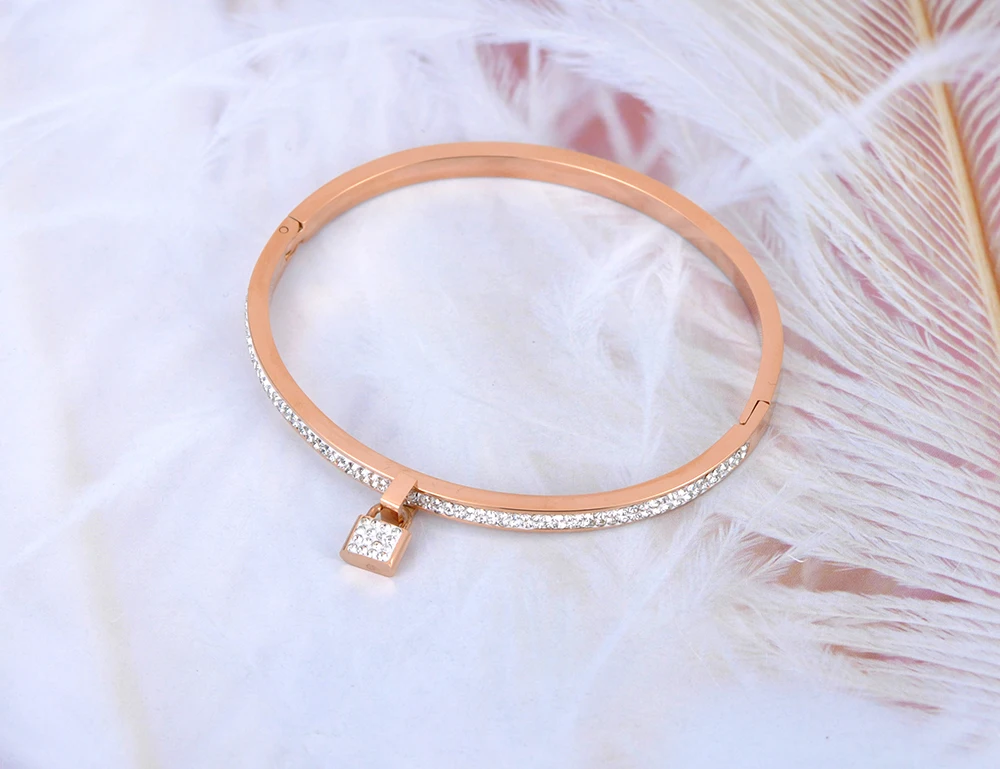 Lokaer Trendy Clay Pave Setting Crystal Lock Charm Bracelets Bangle For Women Stainless Steel Bracelet For Birthday Gift B20024